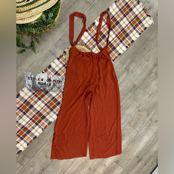 New Zenana Women’s Rust Wide-Leg Suspender Jumpsuit Overalls Size Small - Picture 8 of 13